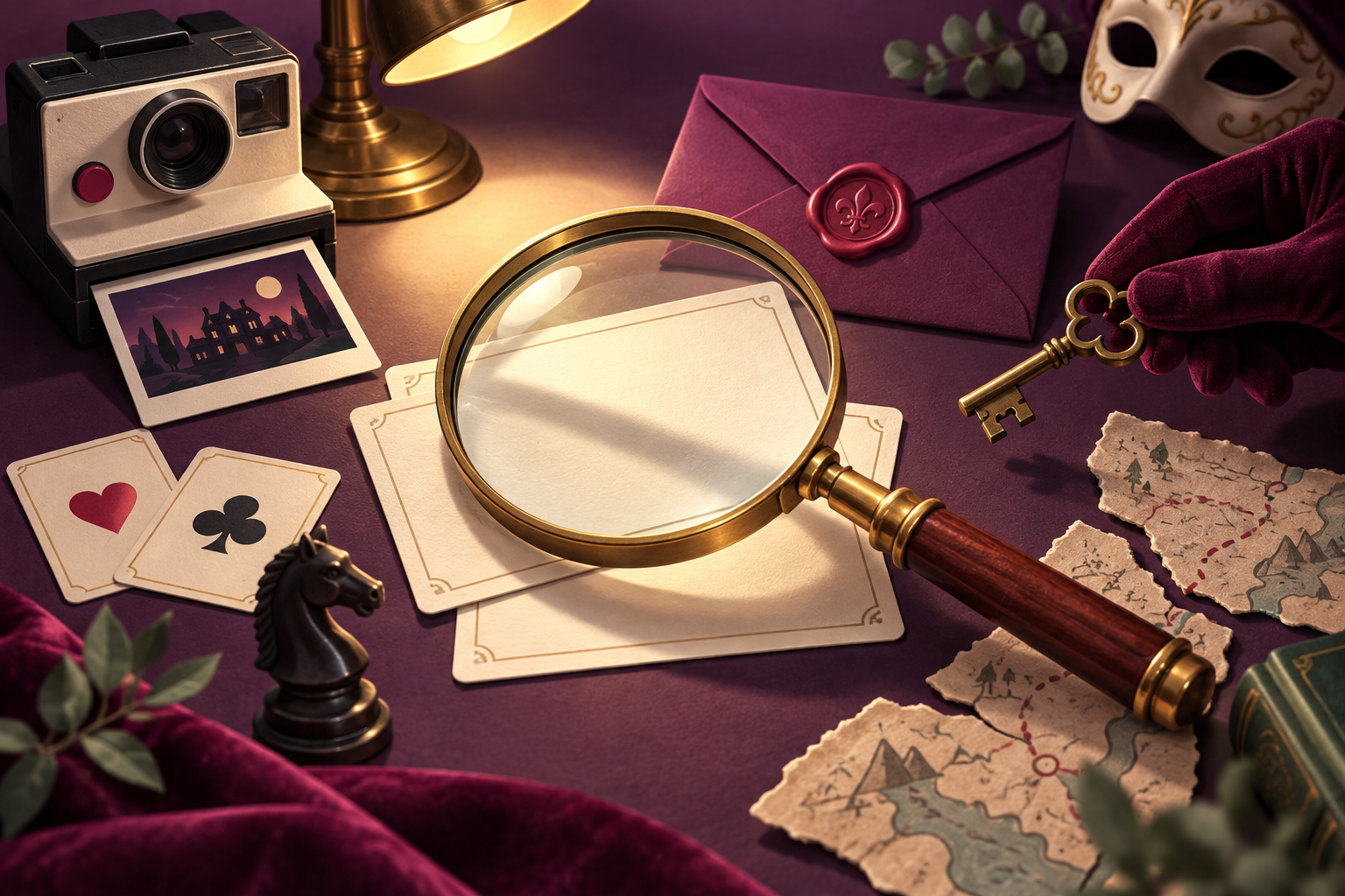 A theatrical mystery desk with a magnifying glass, sealed envelope, brass key, camera, and clues